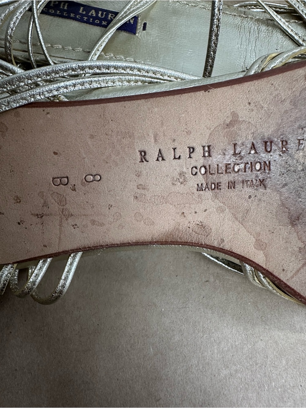 Ralph Lauren Purple Label Metallic Gold Lace-Up Braided Sandals - Picture 4 of 6